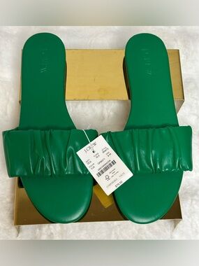 NWT! J. Crew Green Ruched Slide Sandals